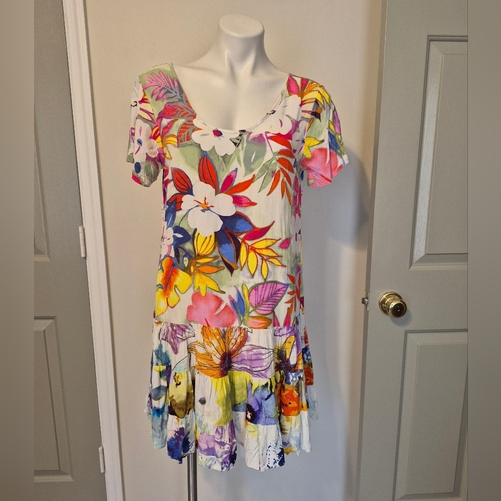 JAMS WORLD Floral Colorful Alani Print Hattie Scoop Neck Short Sleeve Dress(M)